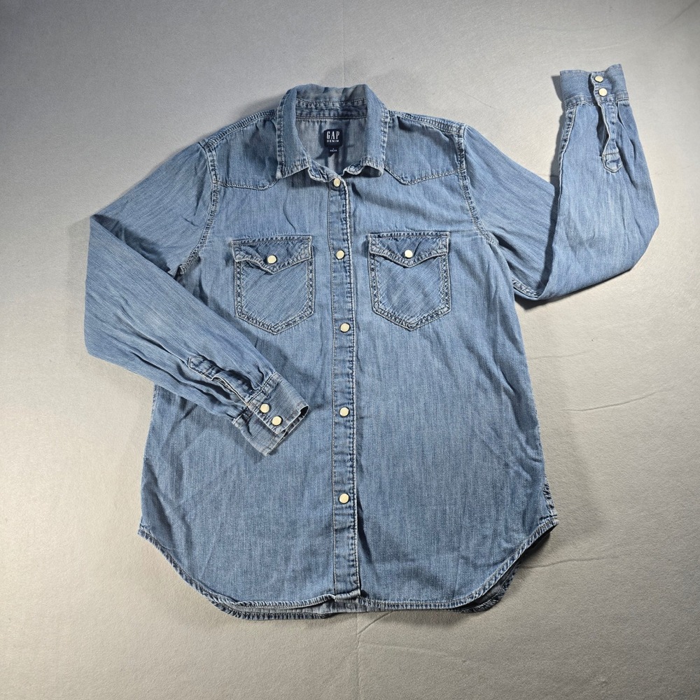 Gap Westerncore Denim Shirt | Light Wash Pearl Snap Button Down 100% Cotton | S